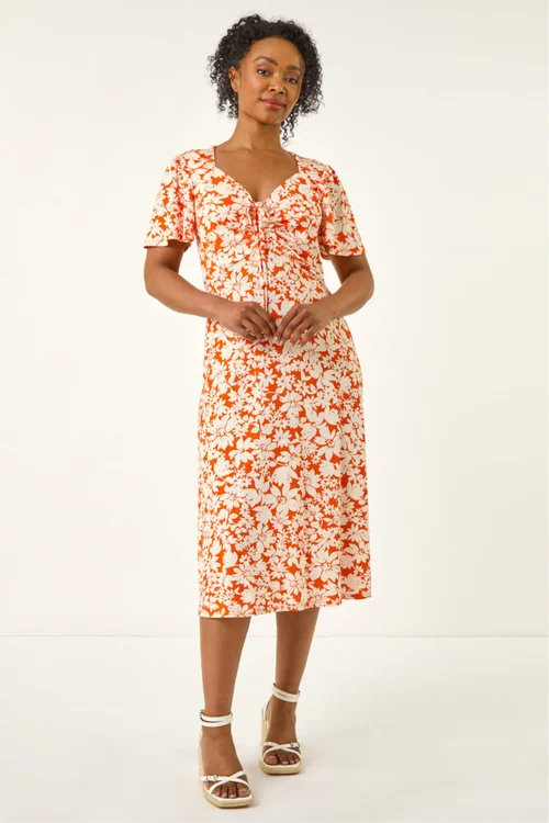 Roman Orange Petite Floral Ruched Midi Dress - 18 Image 2