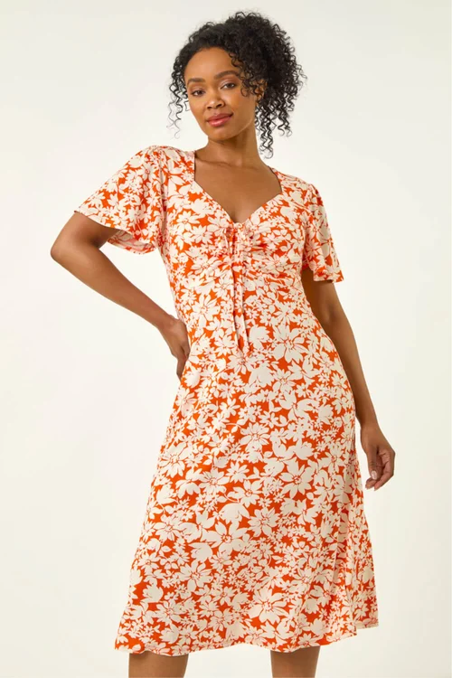 Roman Orange Petite Floral Ruched Midi Dress - 18 Image 1