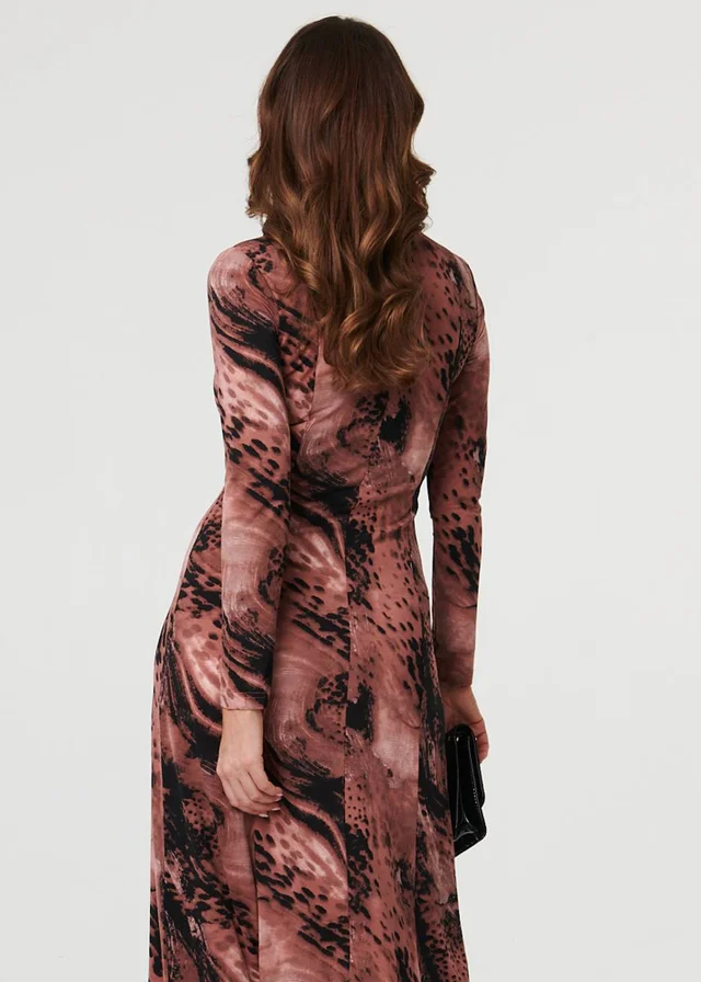 Izabel London Dusky Pink Abstract Long Sleeve Flared Midi Dress