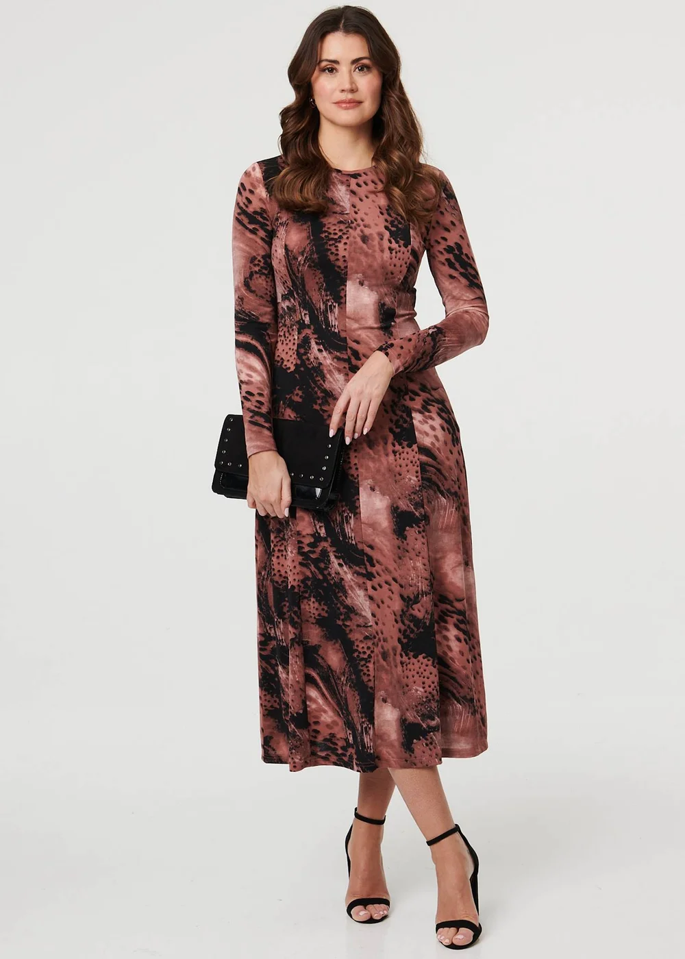 Izabel London Dusky Pink Abstract Long Sleeve Flared Midi Dress - 12 Image 1