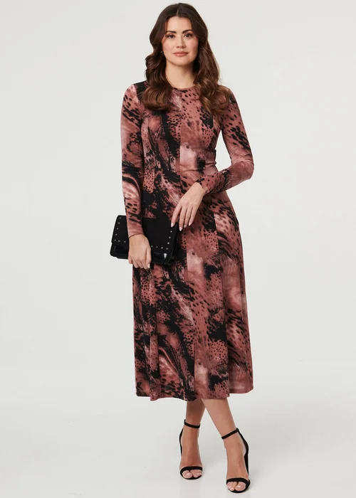 Izabel London Dusky Pink Abstract Long Sleeve Flared Midi Dress - 12 Image 1