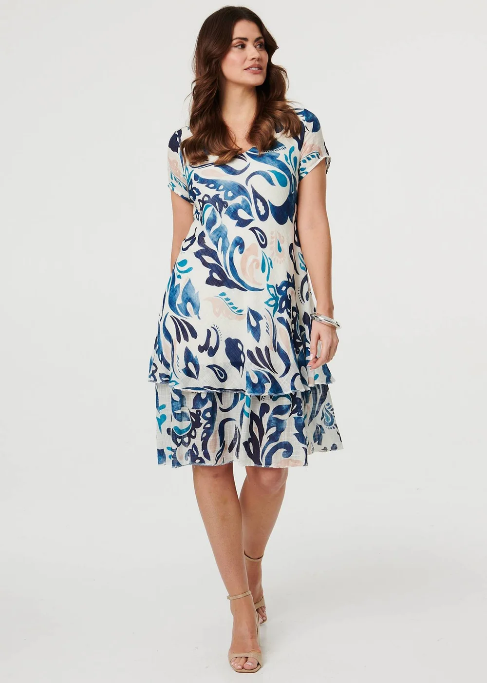Izabel London Blue Printed Cap Sleeve Knee Length Dress - 10 Image 1