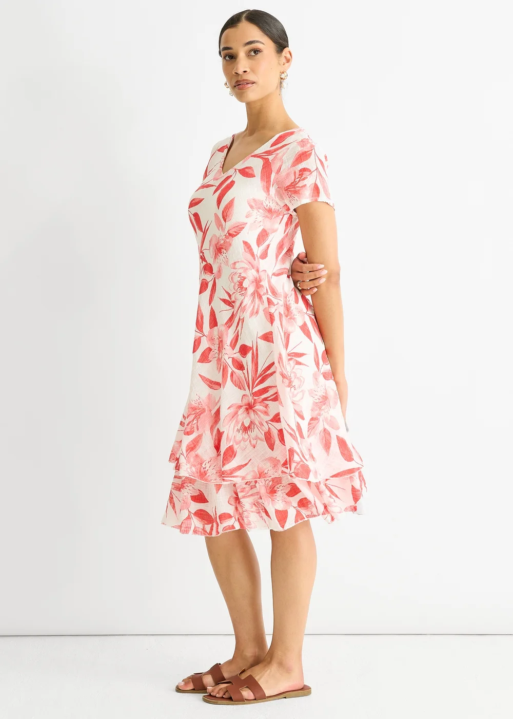 Gini London Red Floral Print Cotton V Neck Dress - M/L Image 4