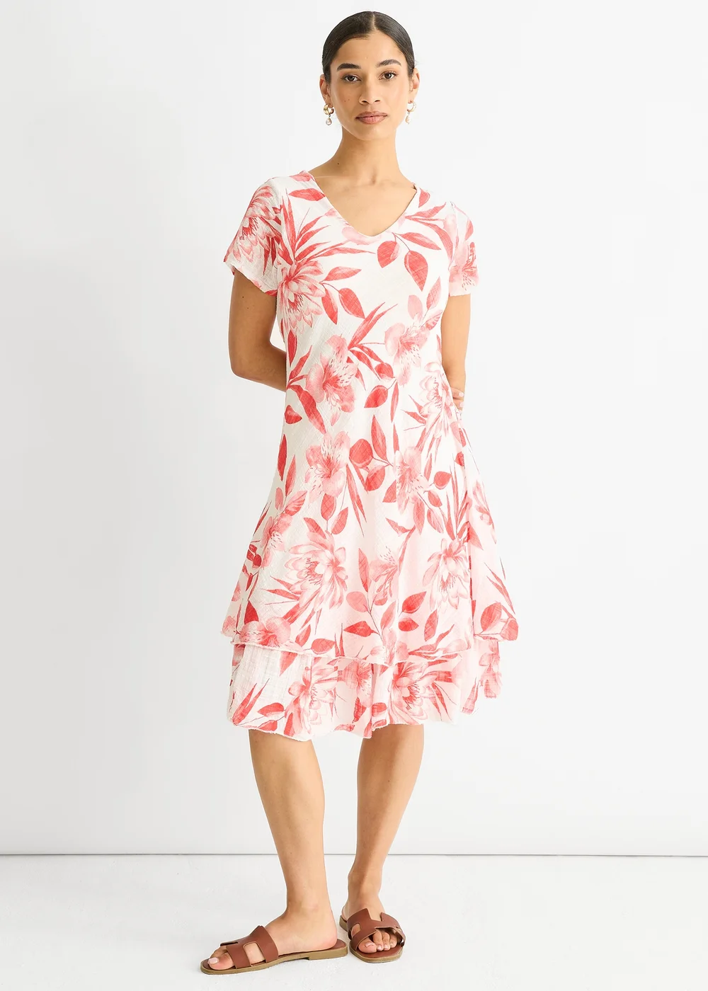 Gini London Red Floral Print Cotton V Neck Dress - M/L Image 1