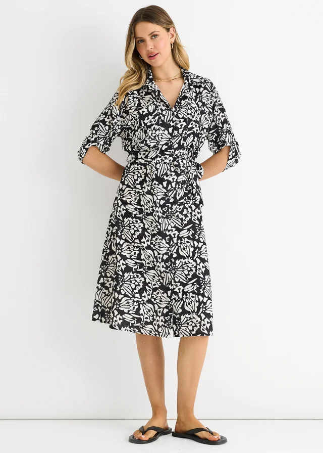 Gini London Black Button Through Belted Shirt Midi Dress