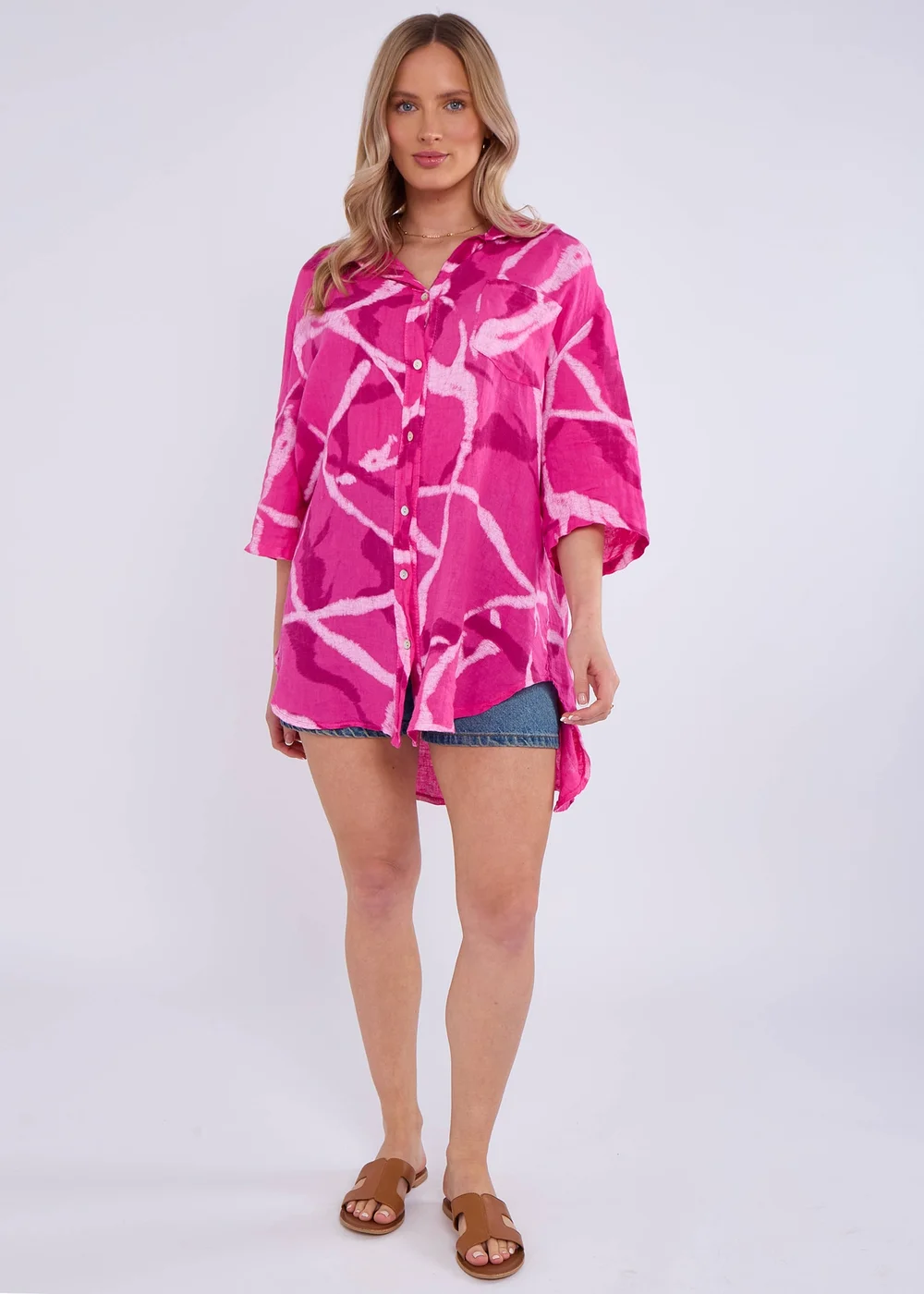 Gini London Pink Linen Abstract Print Mini Shirt Dress - M/L Image 1