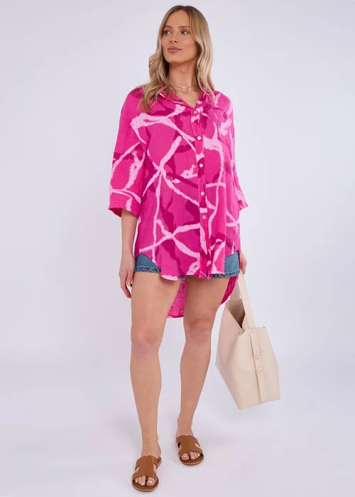 Gini London Pink Linen Abstract Print Mini Shirt Dress - M/L Image 4