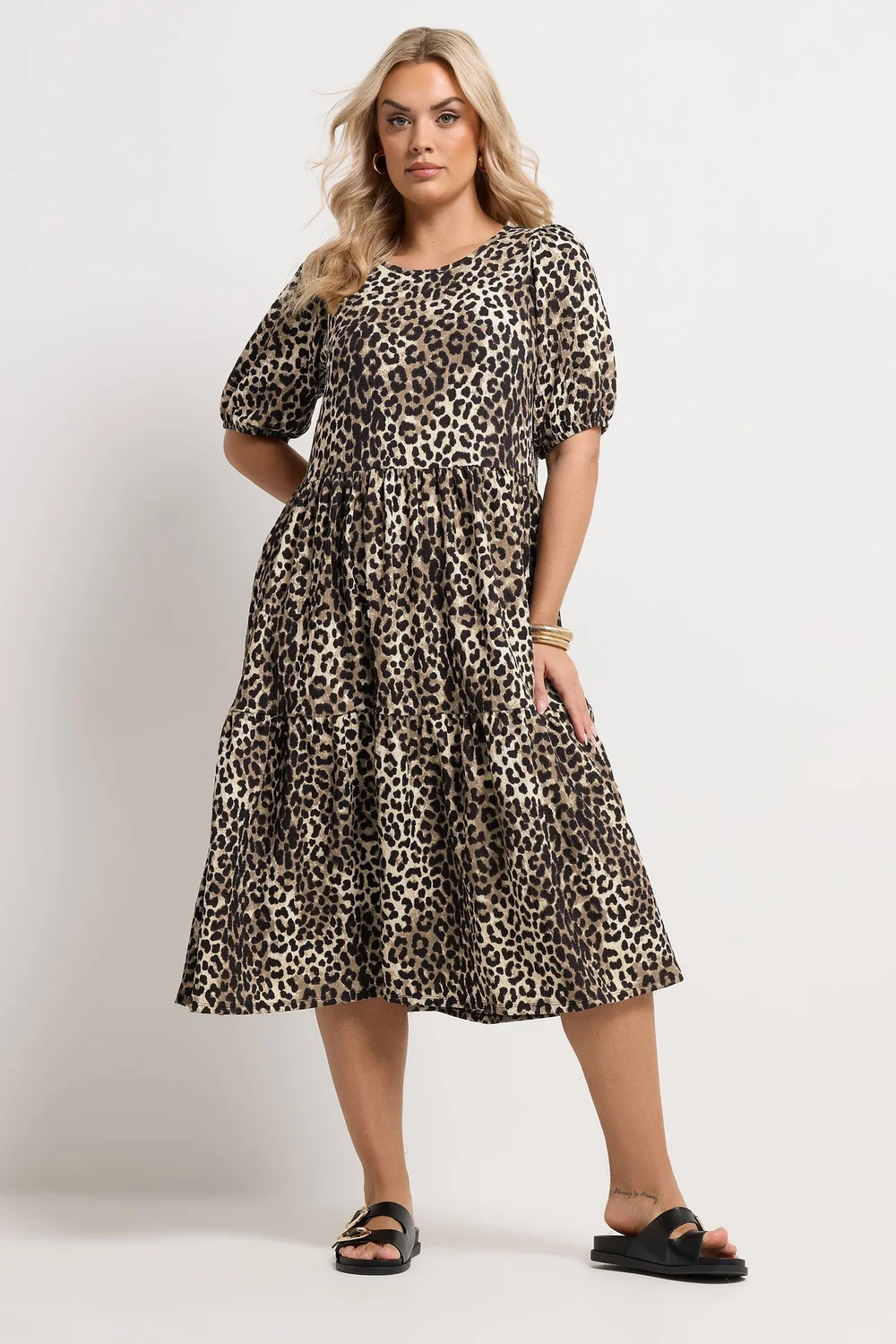 Yours Curve Natural Brown Leopard Tiered Midi Dress - 18 Image 4