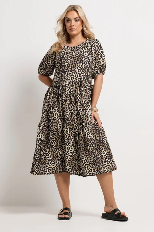Yours Curve Natural Brown Leopard Tiered Midi Dress - 18 Image 4