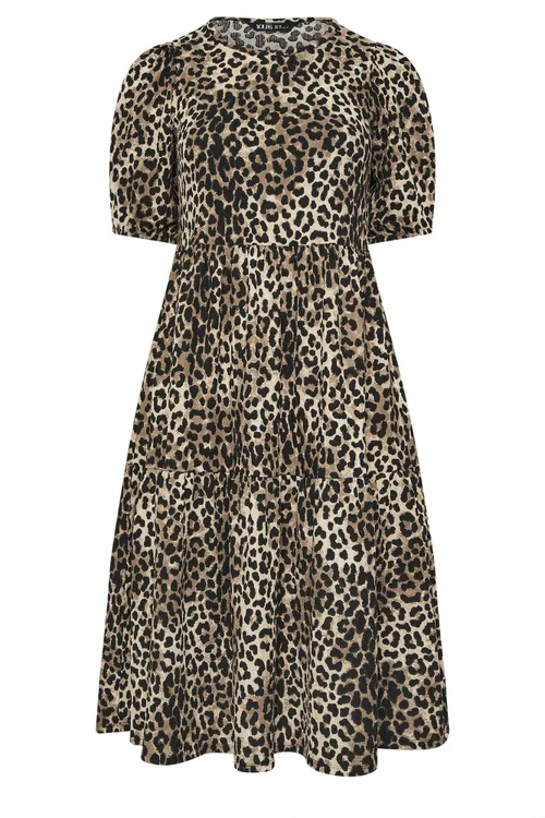 Yours Curve Natural Brown Leopard Tiered Midi Dress - 18 Image 2