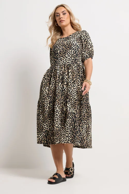 Yours Curve Natural Brown Leopard Tiered Midi Dress - 18 Image 3