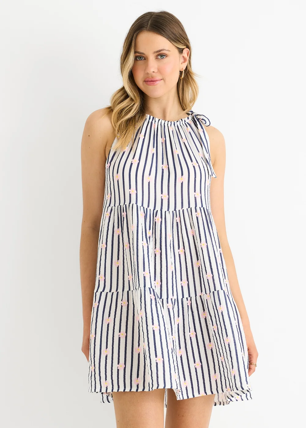 Gini London Navy Floral Stripe Cotton Tie Summer Mini Dress - L/XL Image 3