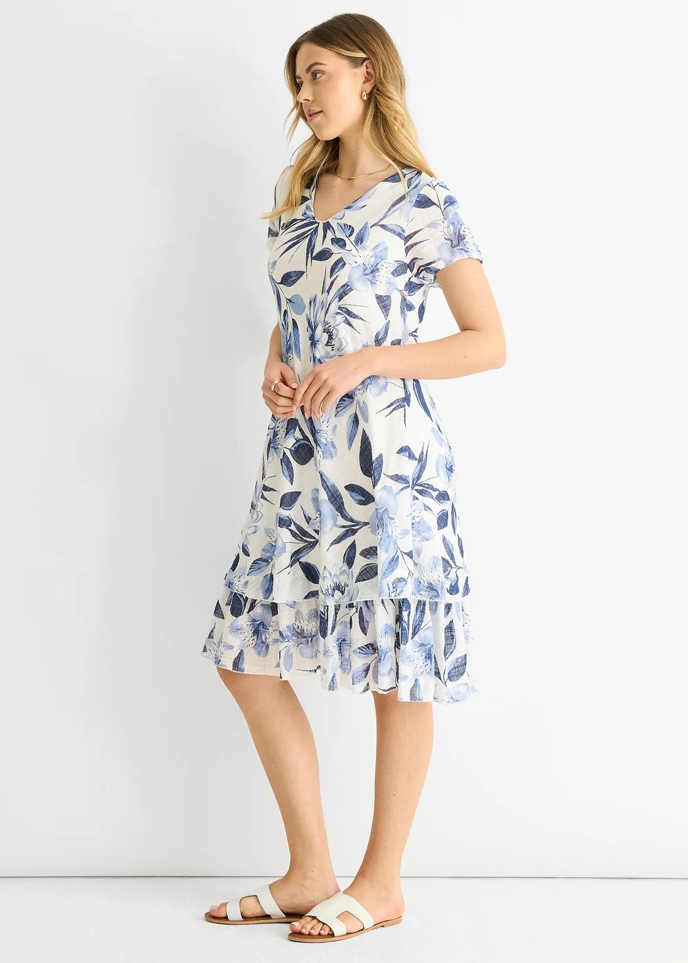 Gini London Blue Floral Print Cotton V Neck Dress - S/M Image 4