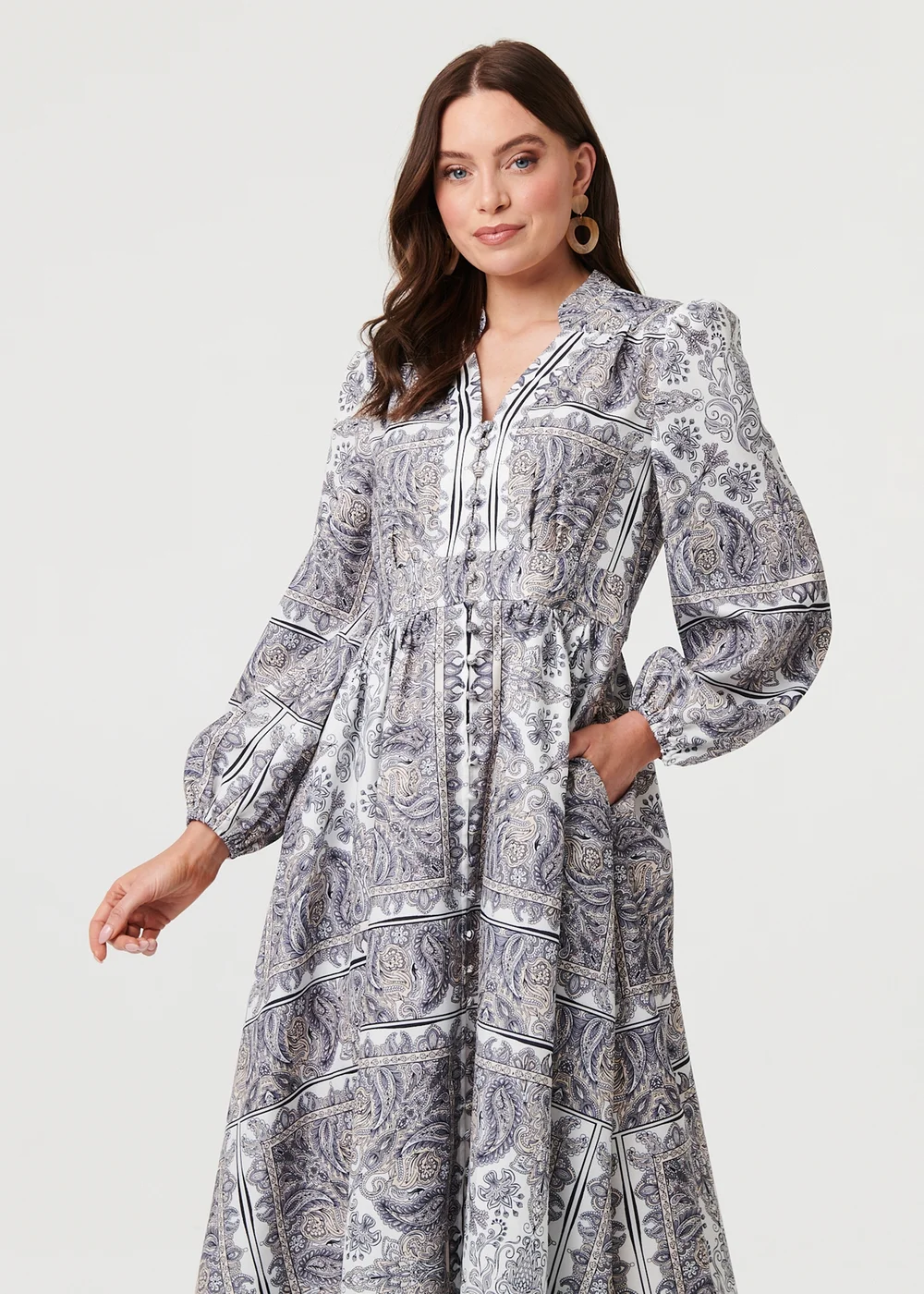 Izabel London Grey Printed Long Sleeve Shirred Midi Dress - 16 Image 4