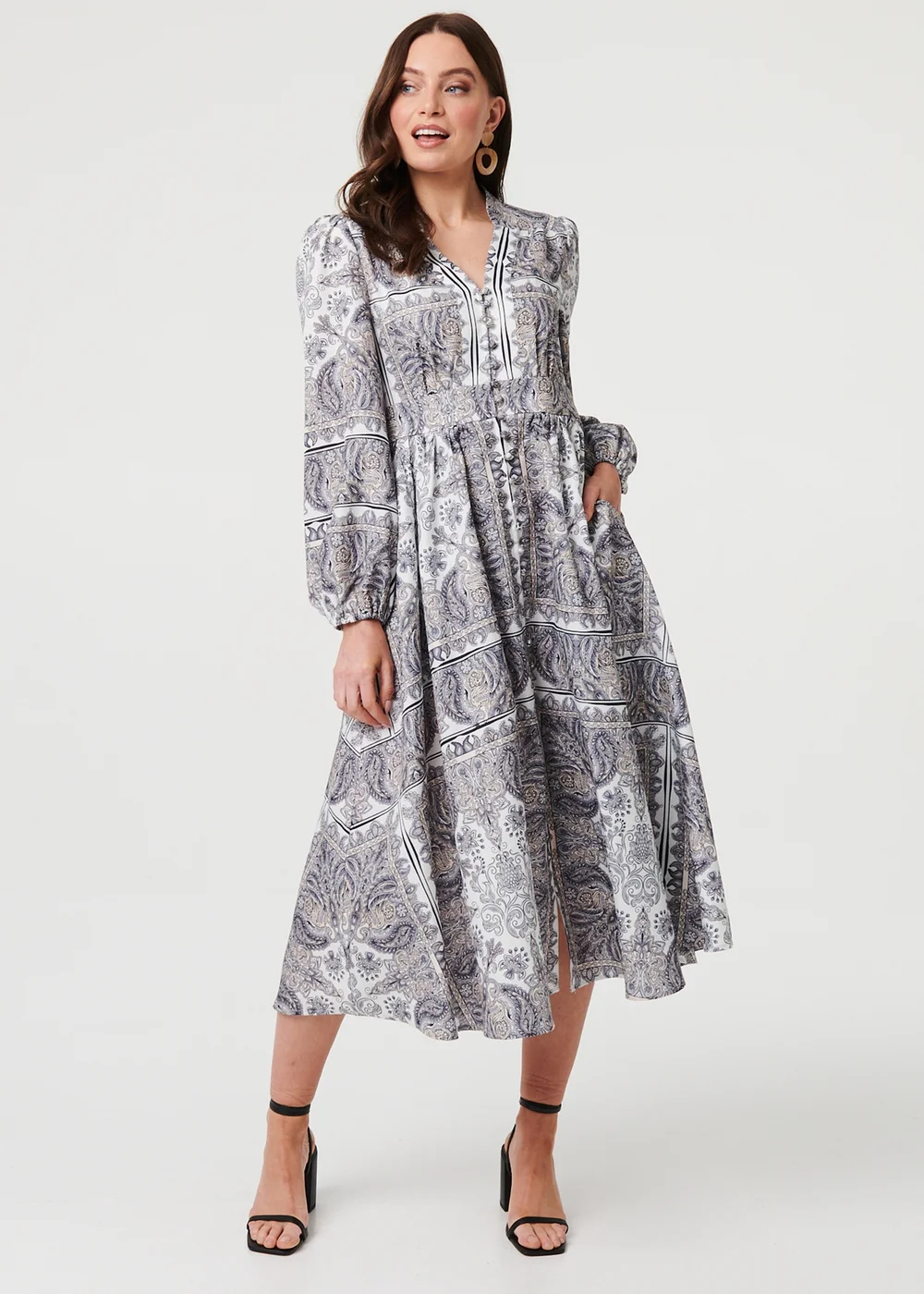 Izabel London Grey Printed Long Sleeve Shirred Midi Dress - 16 Image 1