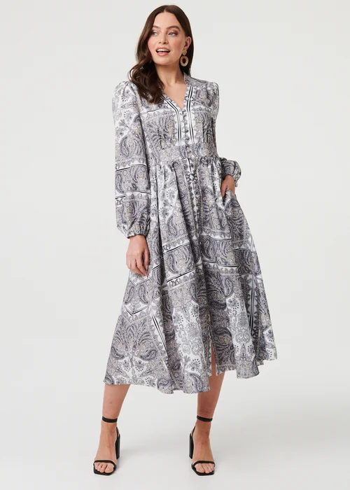 Izabel London Grey Printed Long Sleeve Shirred Midi Dress - 16 Image 1