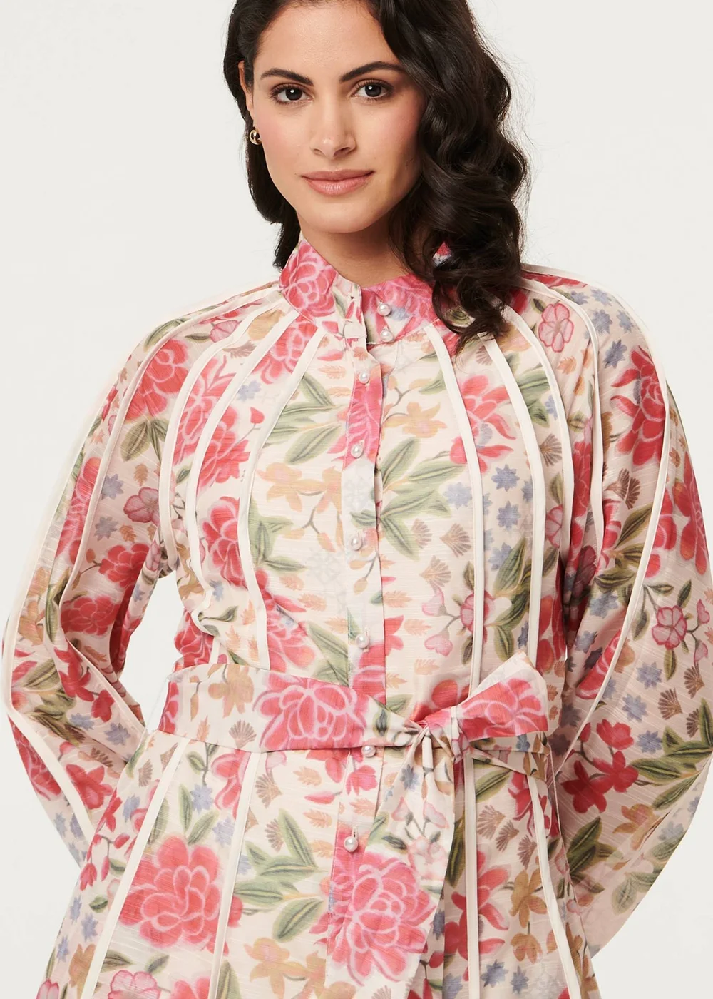 Izabel London Pink Floral Tie Waist High Neck Midi Dress - 10 Image 4