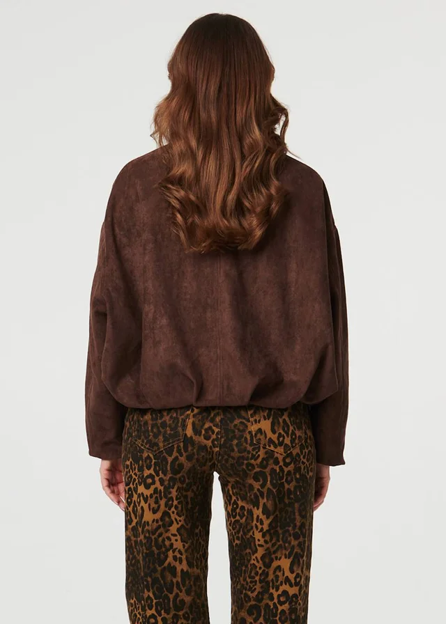 Izabel London Brown Faux Suede Long Sleeve Cropped Jacket