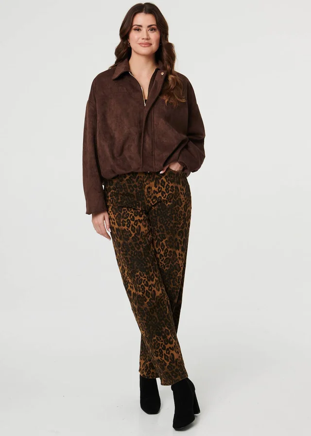 Izabel London Brown Faux Suede Long Sleeve Cropped Jacket