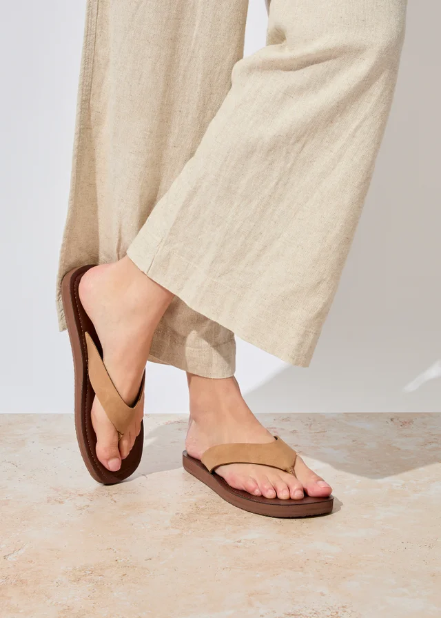Totes Tan Square Toe Faux Suede Flip Flop Sandals