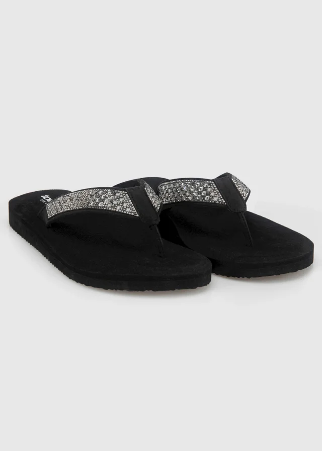 Totes Black Beaded Wedge Flip Flop Sandals