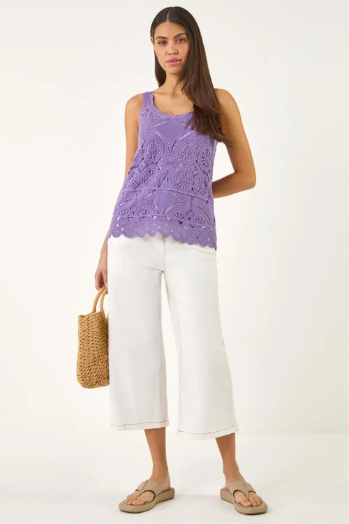 Roman Purple Cotton Crochet Knit Vest Top - 20 Image 3