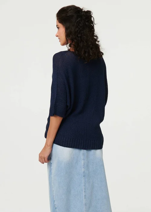 Izabel London Navy Sheer Mesh Texture 3/4 Sleeve Jumper - M Image 2