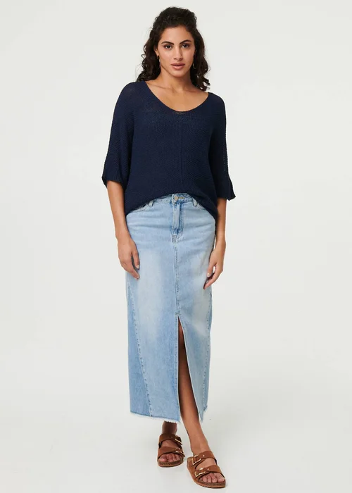 Izabel London Navy Sheer Mesh Texture 3/4 Sleeve Jumper - M Image 1