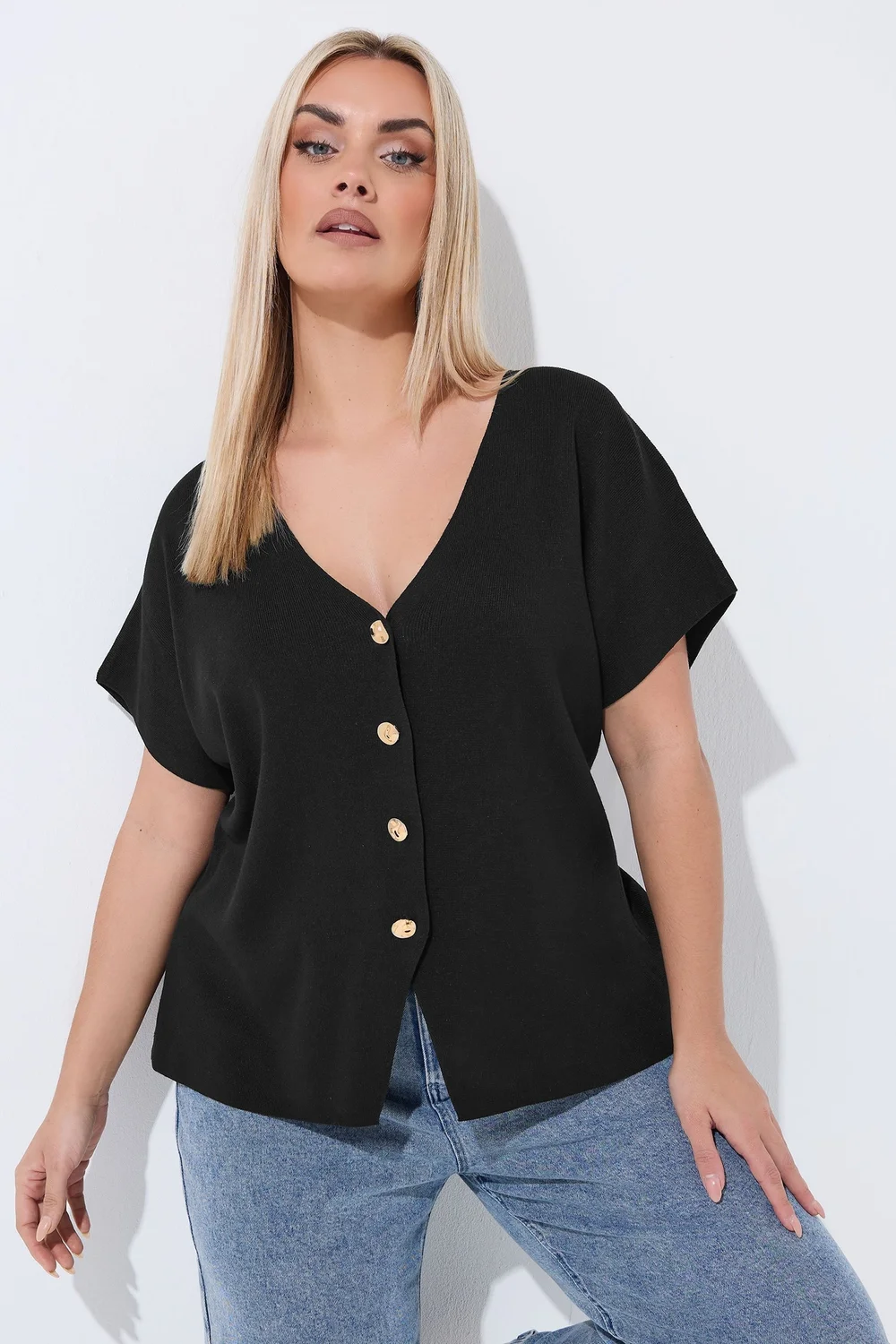 Yours Limited Curve Black Short Sleeve Knitted Top - 26-28 Image 1