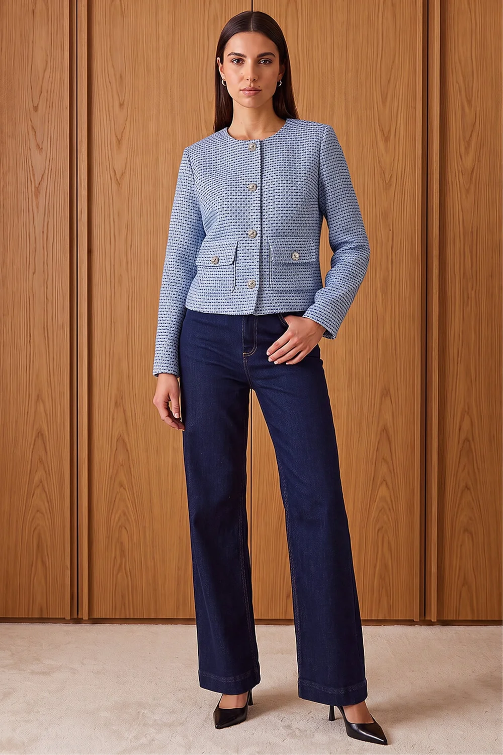Roman Blue Collarless Boucle Jacket - 16 Image 3