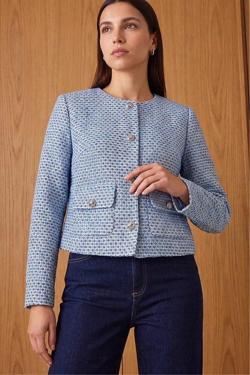Roman Blue Collarless Boucle Jacket - 16 Image 2