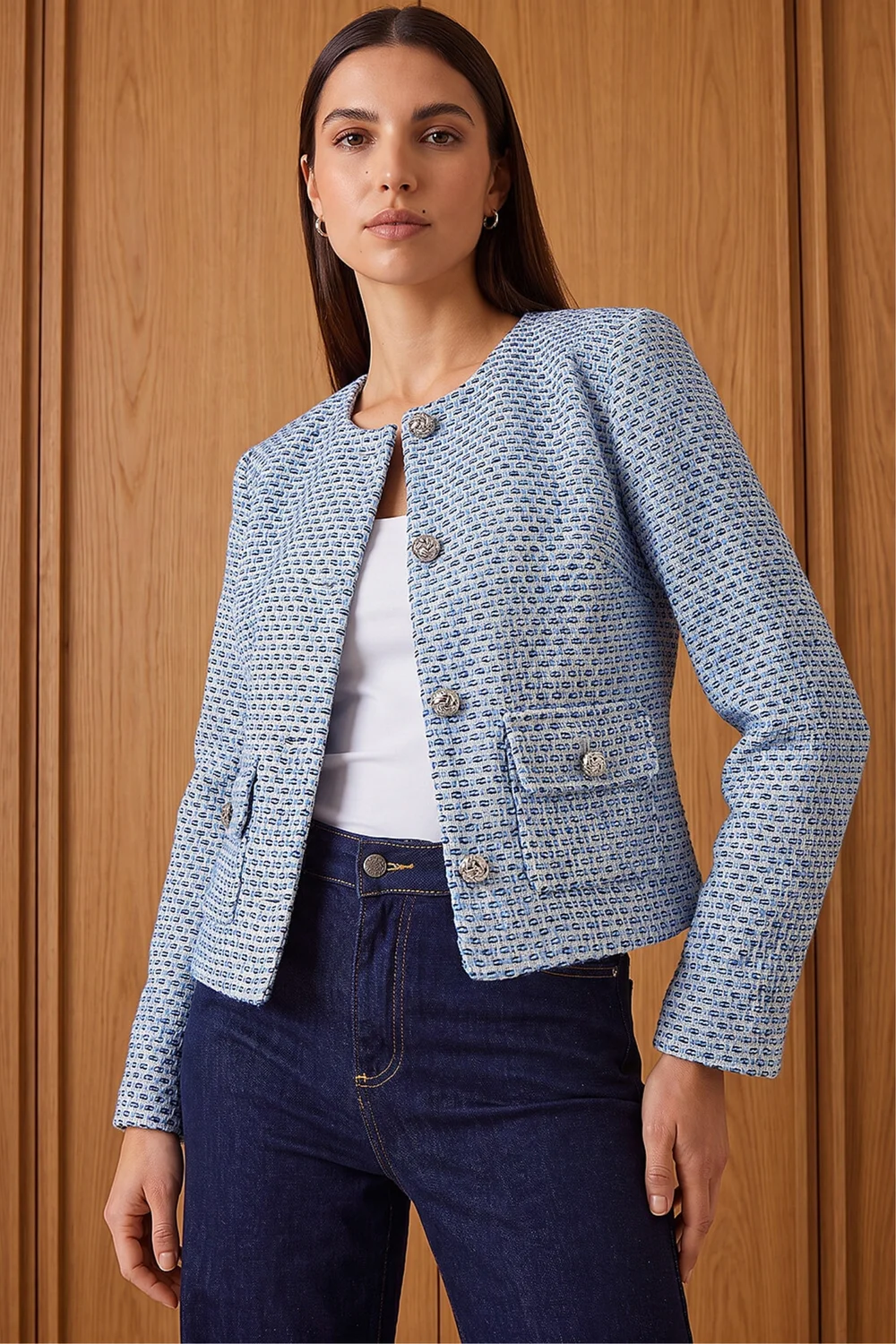Roman Blue Collarless Boucle Jacket - 16 Image 1