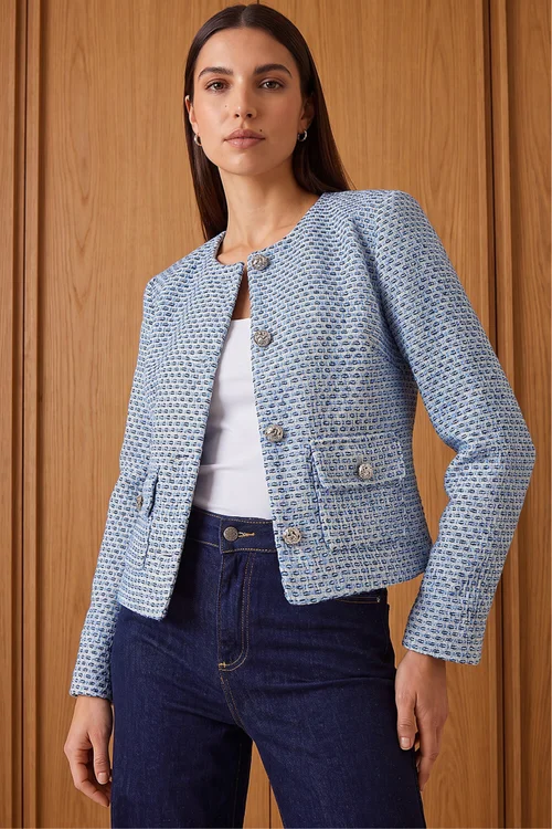Roman Blue Collarless Boucle Jacket - 16 Image 1