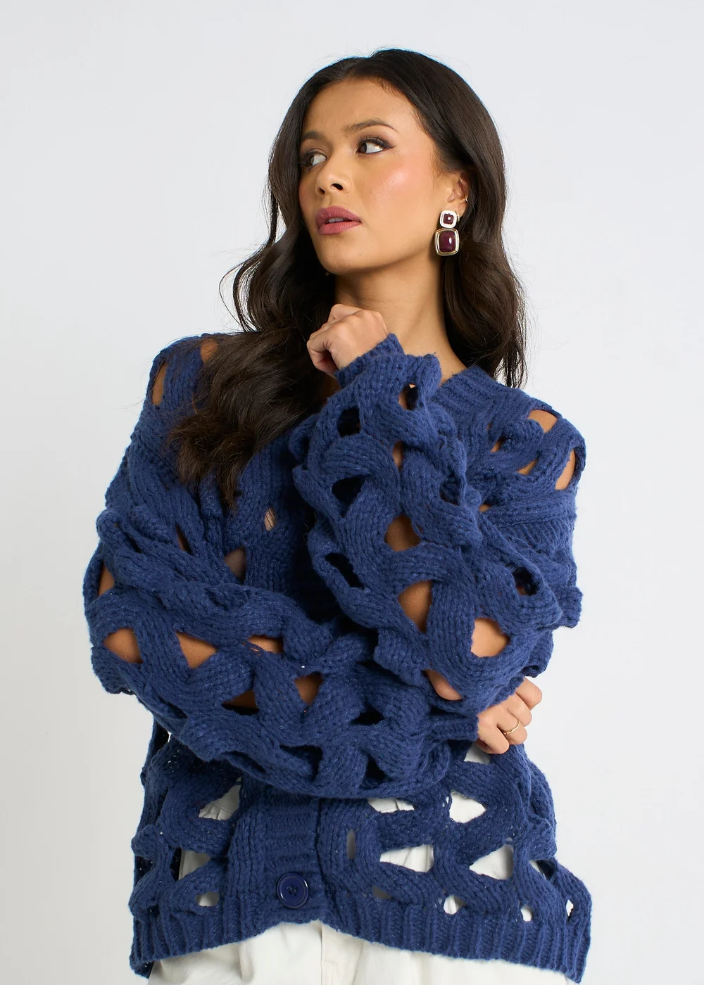 Gini London Navy Hollow Chunky Knit Cardigan - M/L Image 3