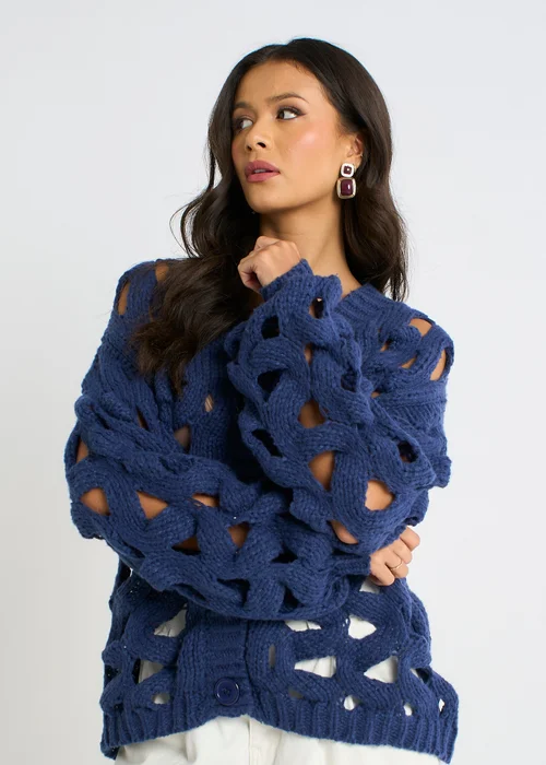 Gini London Navy Hollow Chunky Knit Cardigan - M/L Image 3