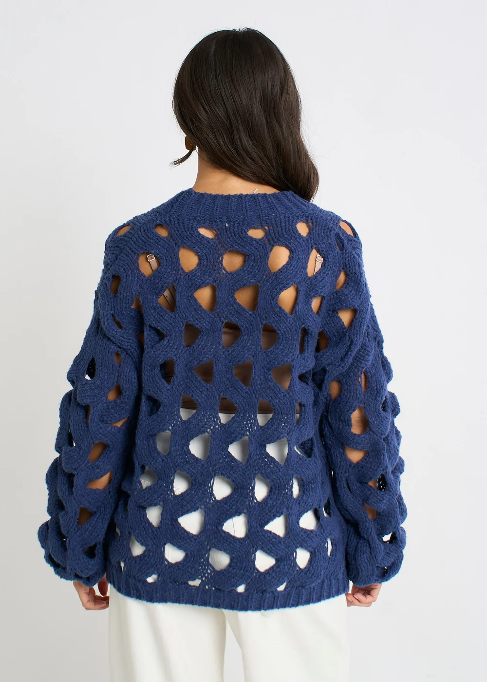 Gini London Navy Hollow Chunky Knit Cardigan - M/L Image 2