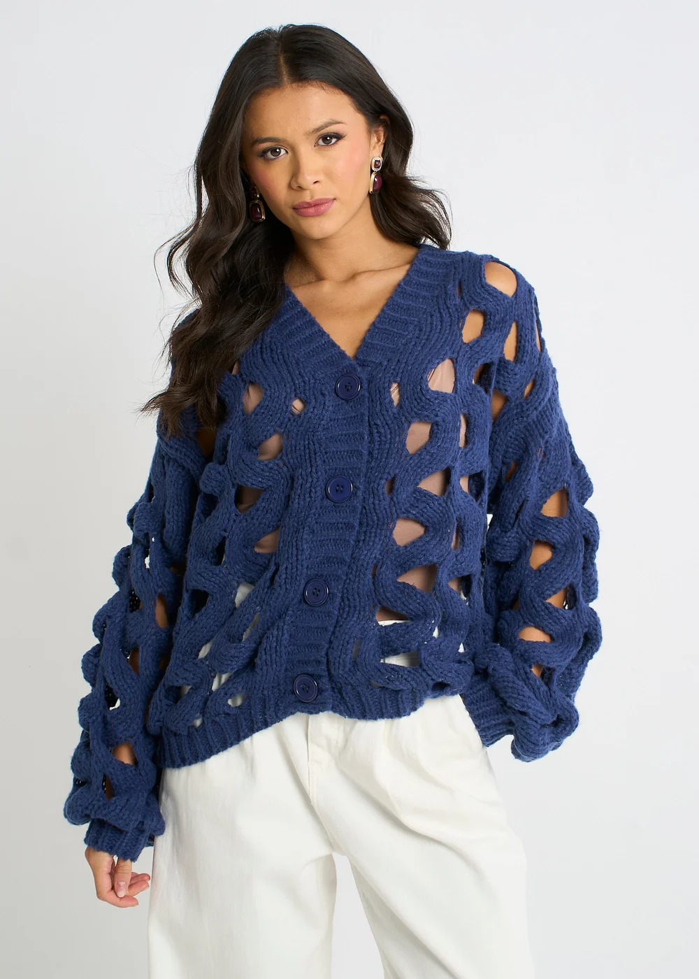 Gini London Navy Hollow Chunky Knit Cardigan - M/L Image 1