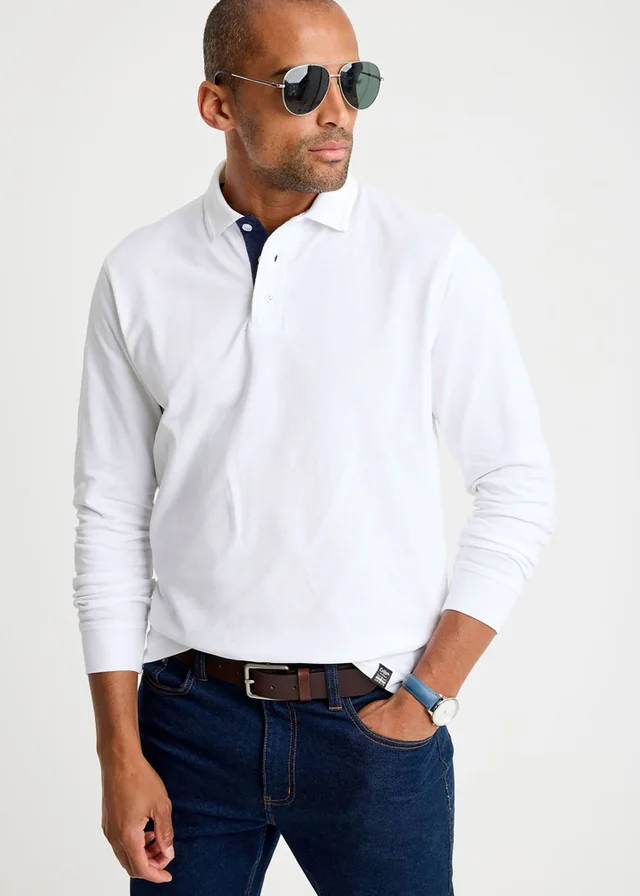Cotton Traders White Long Sleeve Polo Shirt