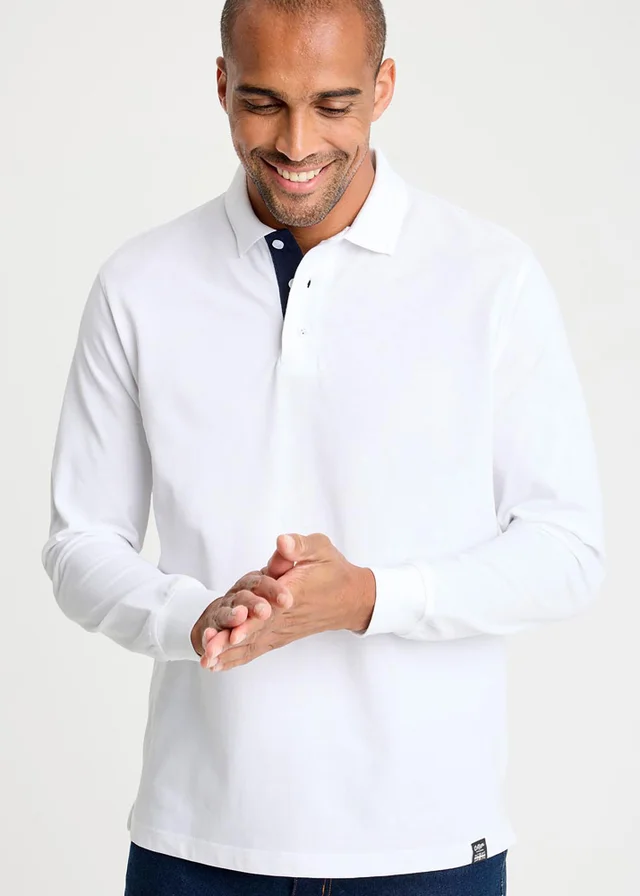 Cotton Traders White Long Sleeve Polo Shirt