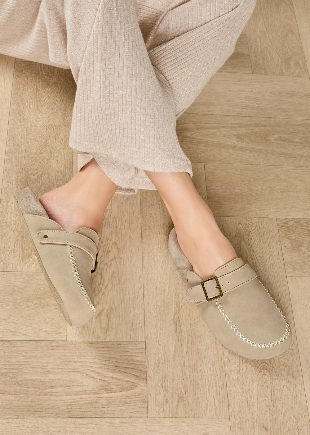 Totes Isotoner Stone Suedette Open Back Moccasin Slippers - 5 Image 2