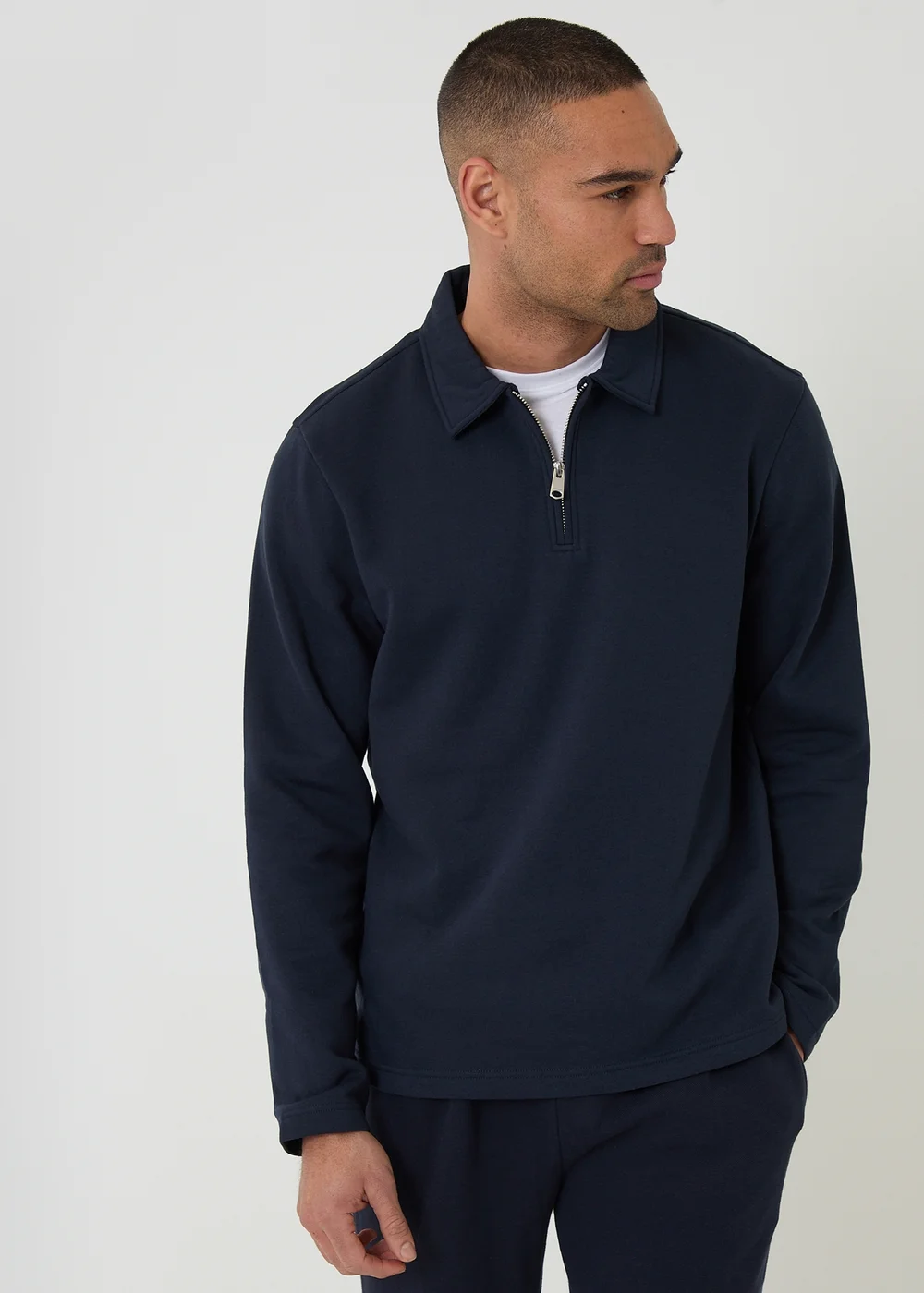 Threadbare Navy Quarter Zip Long Sleeve Polo Sweatshirt - L Image 1
