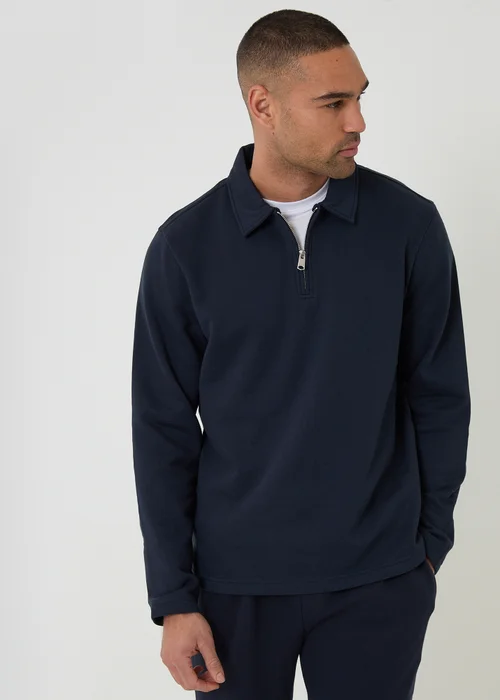Threadbare Navy Quarter Zip Long Sleeve Polo Sweatshirt - L Image 1