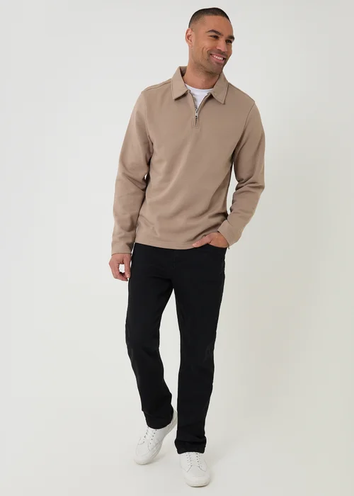 Threadbare Taupe Quarter Zip Long Sleeve Polo Sweatshirt - 2XL Image 3