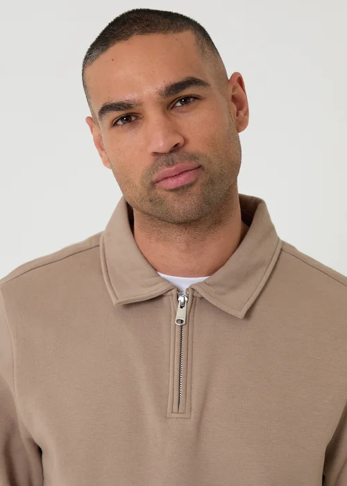 Threadbare Taupe Quarter Zip Long Sleeve Polo Sweatshirt - 2XL Image 4