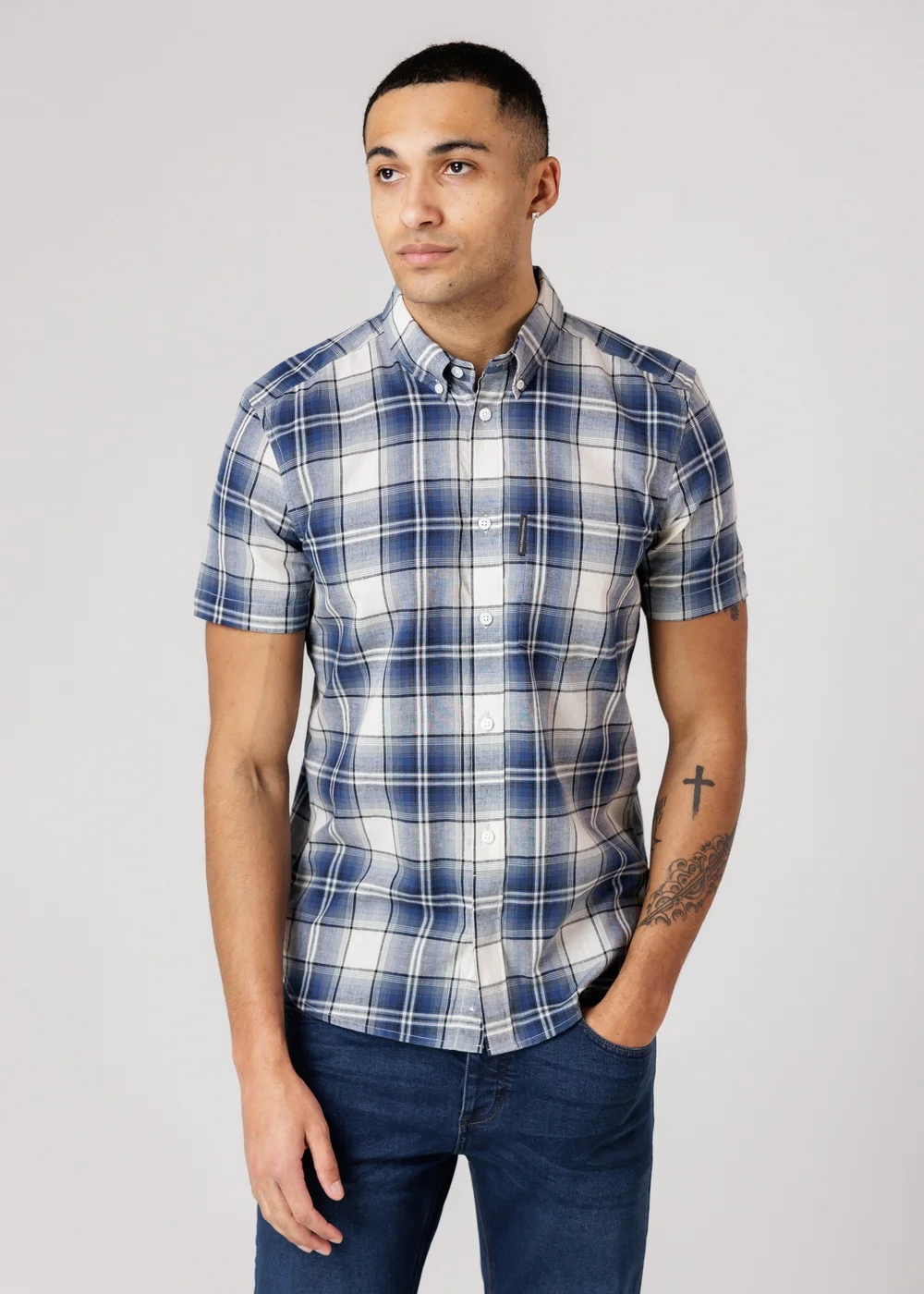 French Connection Blue Cotton Short Sleeve Checked Chest Pocket Shirt - S Image 3