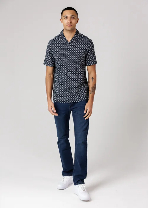 French Connection Navy Square Floral Print Short Sleeve Shirt - 2XL Image 4
