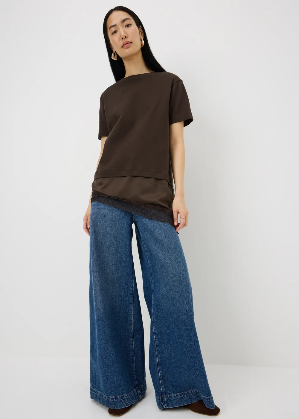 Chocolate Brown Satin Lace Hem T-Shirt - Size 12 Image 1