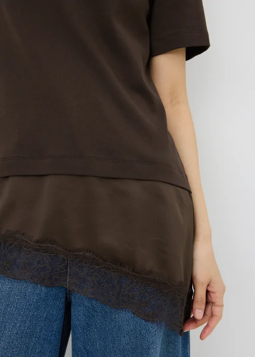 Chocolate Brown Satin Lace Hem T-Shirt - Size 12 Image 3