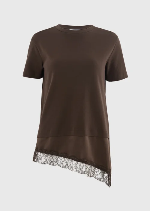 Chocolate Brown Satin Lace Hem T-Shirt - Size 12 Image 4