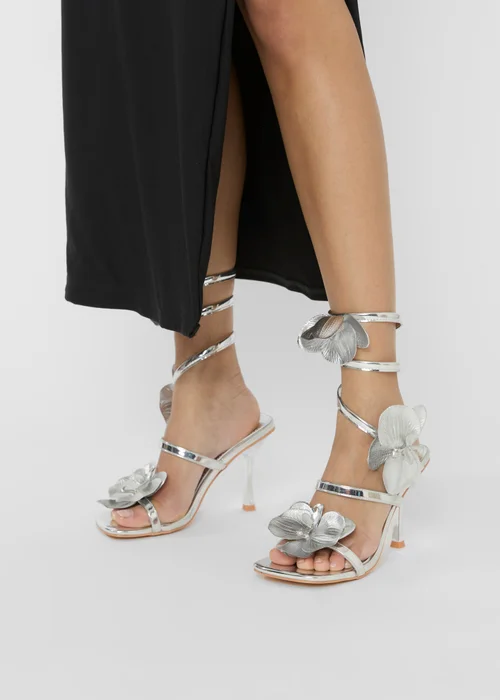 Public Desire Lotus Silver Trim Wrap Around Flared Stiletto High Heels - 8 Image 5